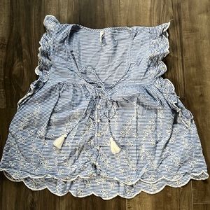 Zara TRF collection top in blue and white stripe with ruffle sleeves/embroidery